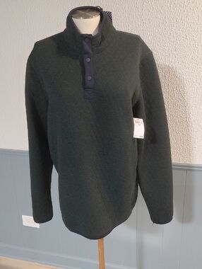 Men's Quilted Snap-Placket Zip Mock Neck Sweater in Dark Green